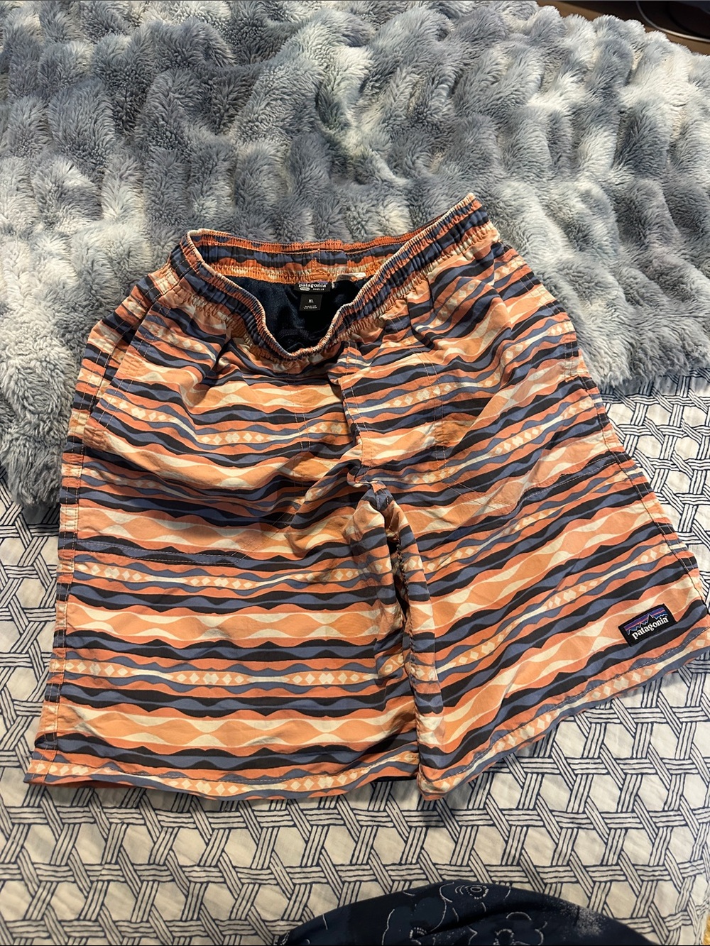 Patagonia Boy’s Orange and Navy Wave-Stripe Swim Shorts